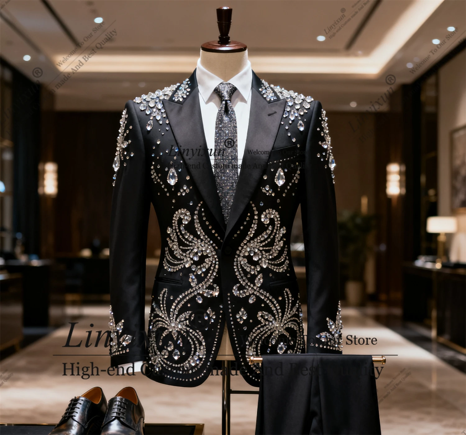 

Elegant Metal Embellished Men Suits 2 Pieces Sets Male Party Prom Blazers Customized Fashion Groom Tuxedos Slim Ropa Hombre
