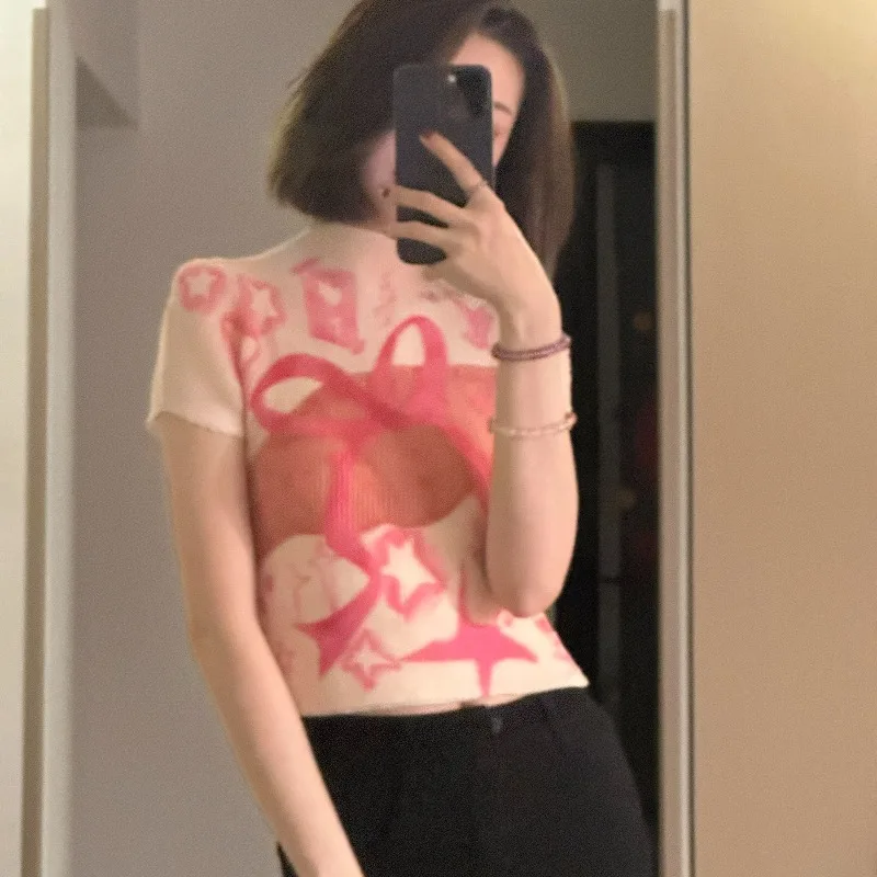 Damskie obcisłe T-shirty z krótkim rękawem, koszulki tie-dye, elastyczne crop topy, Goblin Core, styl coquette z lat 2000, estetyka Gyaru, Kpop, Kawaii, lato