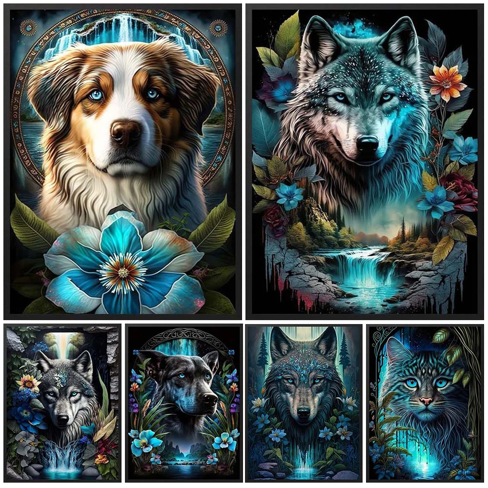 Wild Animals Fox Dog Wolf Magic Flower Posters Wall Pictures For Living Room Nordic Poster Wall Art Canvas Painting Unframed
