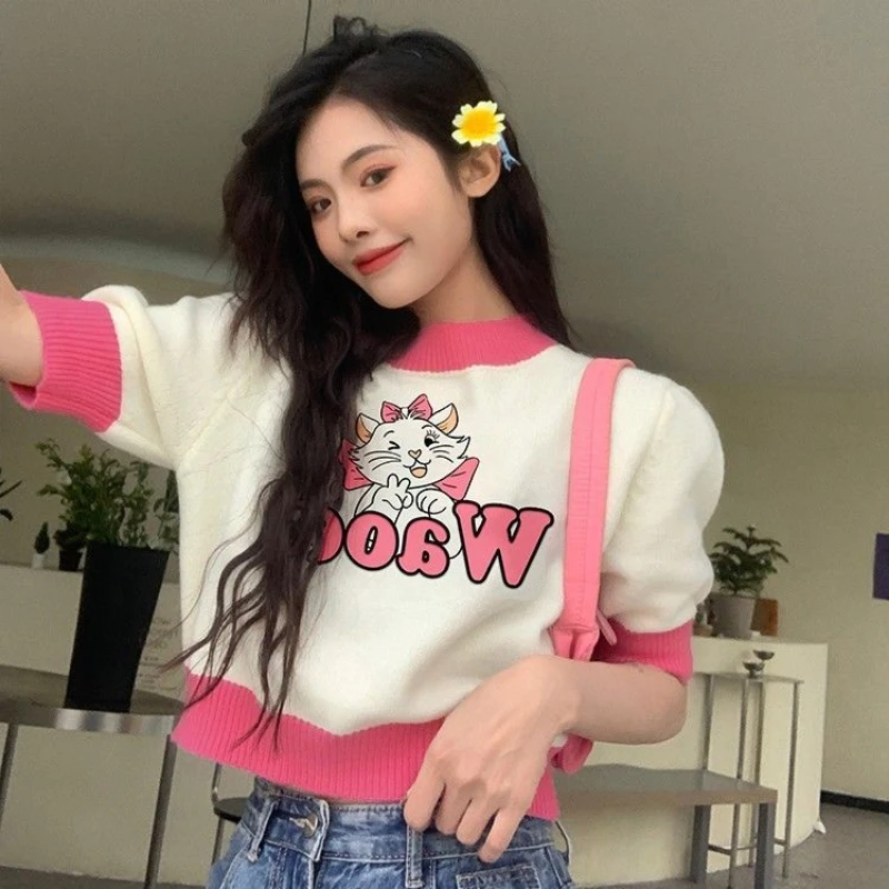 Sweet Cute Tops Summer Blouses Woman 2023 Korean Fashion Knitted Tee Shirt Short sleeve Preppy style Tall Top Youth Clothing