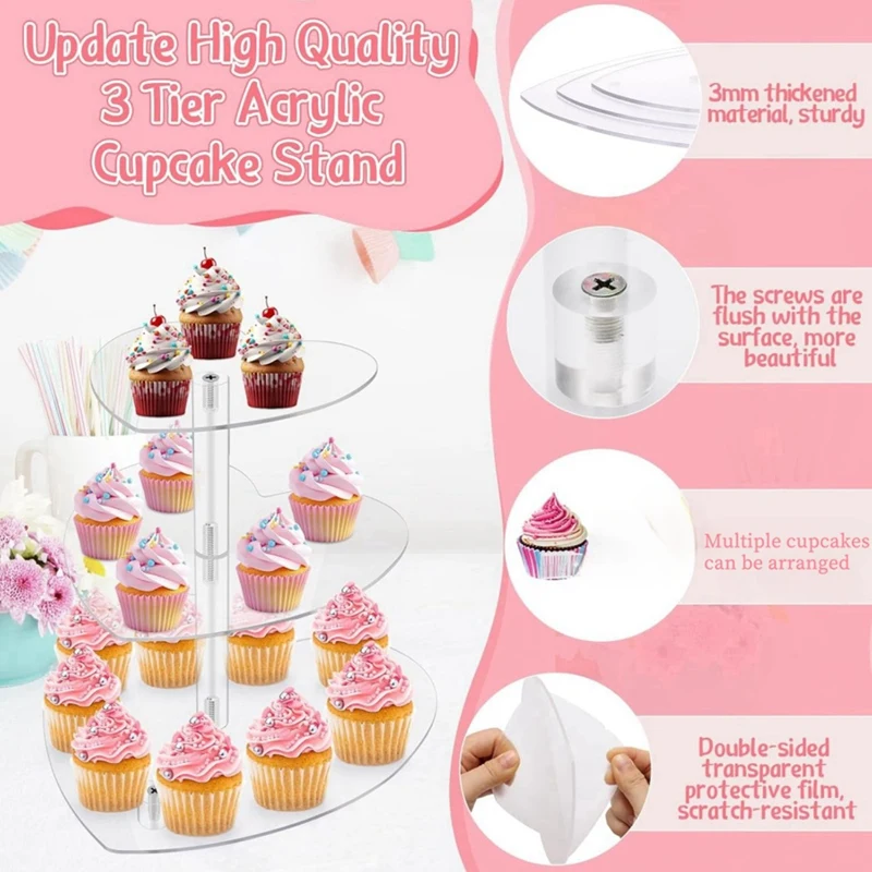 Suporte para Cupcakes de 3 Camadas com Base, Suporte de Bolo em Acrílico, Torre de Cupcakes, Expositor para Doces em Casamentos e Aniversários-A69M