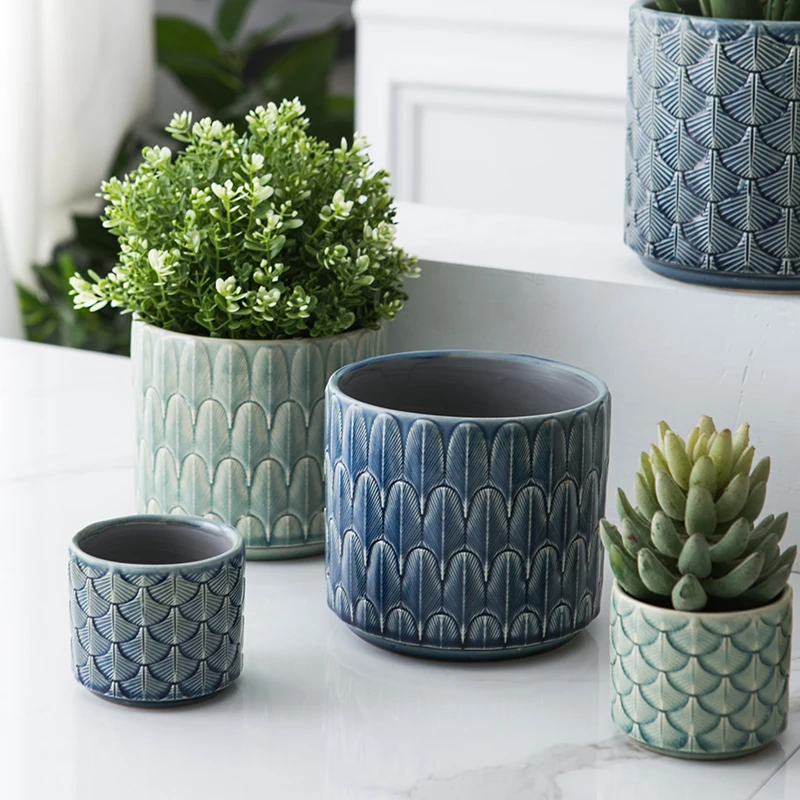 Vases Nordic Ceramic Home Vase Decor Flower Pot Desktop Gardern Plants Blue  Embossed Living Room Decoration Ornaments ваза
