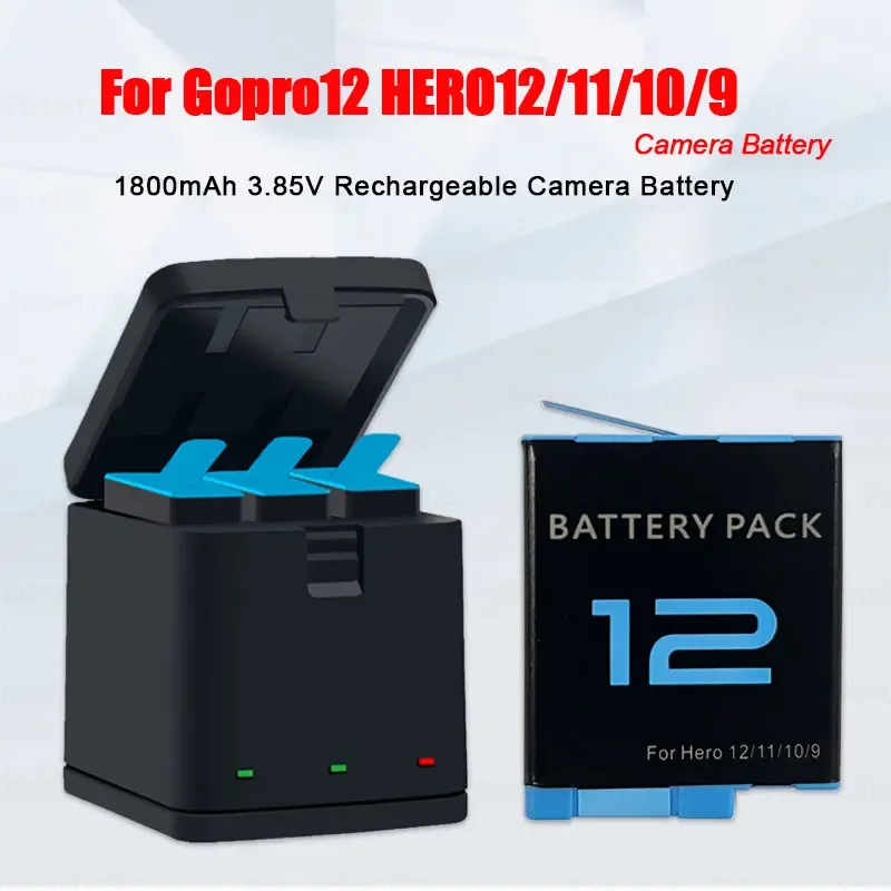 Для GoPro 12 Hero12 11 10 9 Go Pro HERO11/10/9 Аккумулятор для камеры 1800 мАч Аккумуляторы для камер с полным декодированием + USB-порт Зарядное устройство с 3 слотами