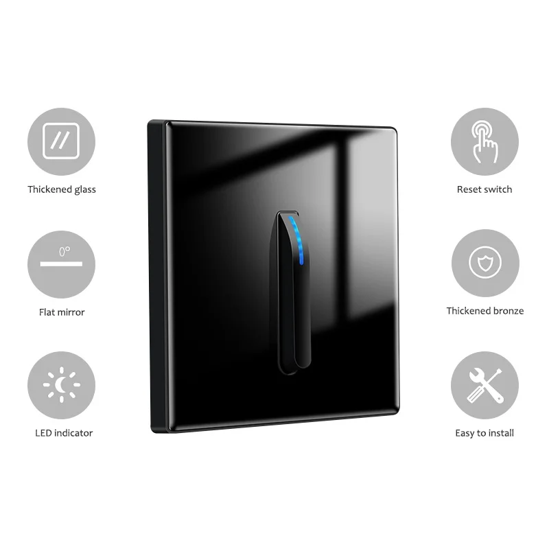 Avoir Wall Light Switch With LED Indicator Black Piano Key Push Button Reset Switch 16A Glass Panel Power Socket TV RJ45 Outlets