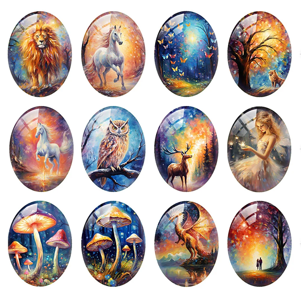 10pcs/lot Fantasy Forest Dream Starry Sky Dragon Fairy Mushroom Oval Photo Glass Cabochon Flatback Demo Cameo Diy Jewelry Making