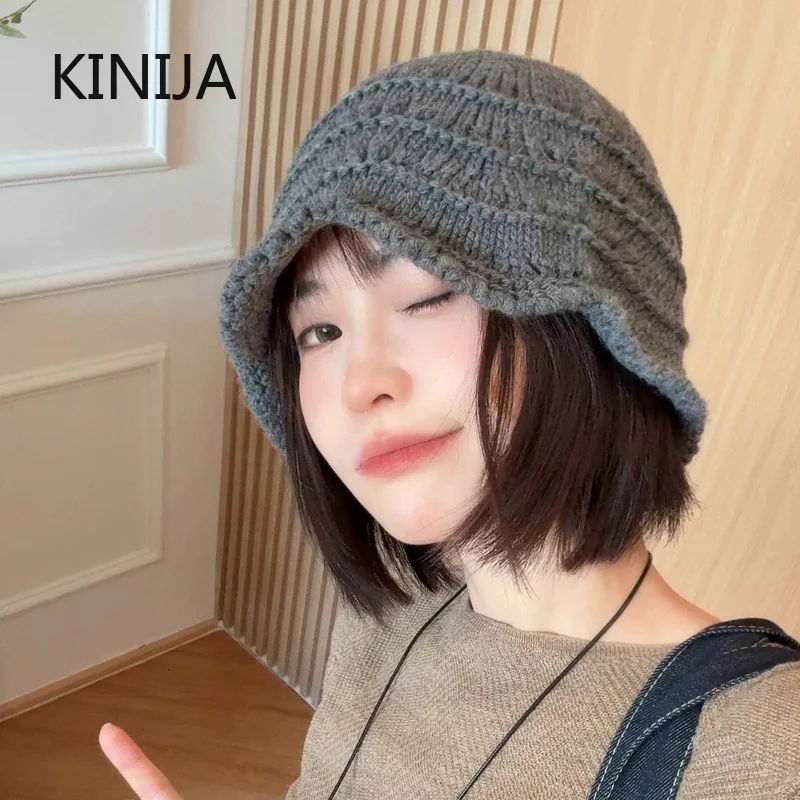 New Knitted Bucket Hat for Women Wavy Ruffled Ear Protection Soft Warm Cap Vintage Knit Fisherman Hat Lightweight Daily Headwear