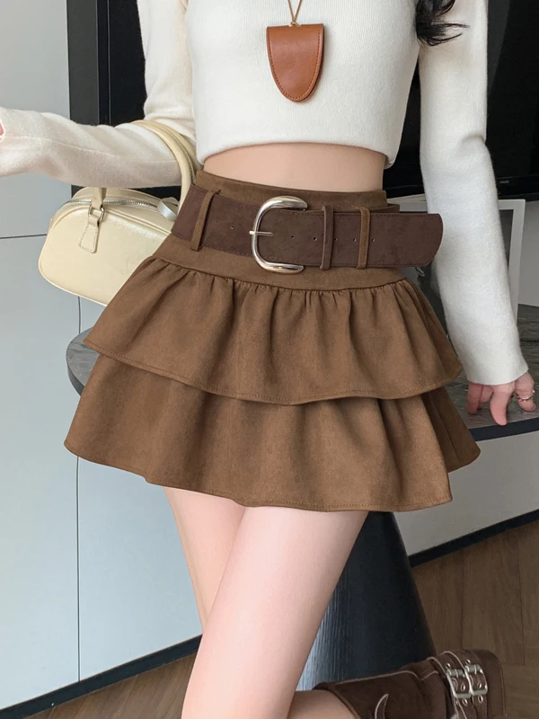 

Женская замшевая юбка с завышенной талией для похудения, в стиле ретро, пышная, многоярусная, для повседневной носки и офиса