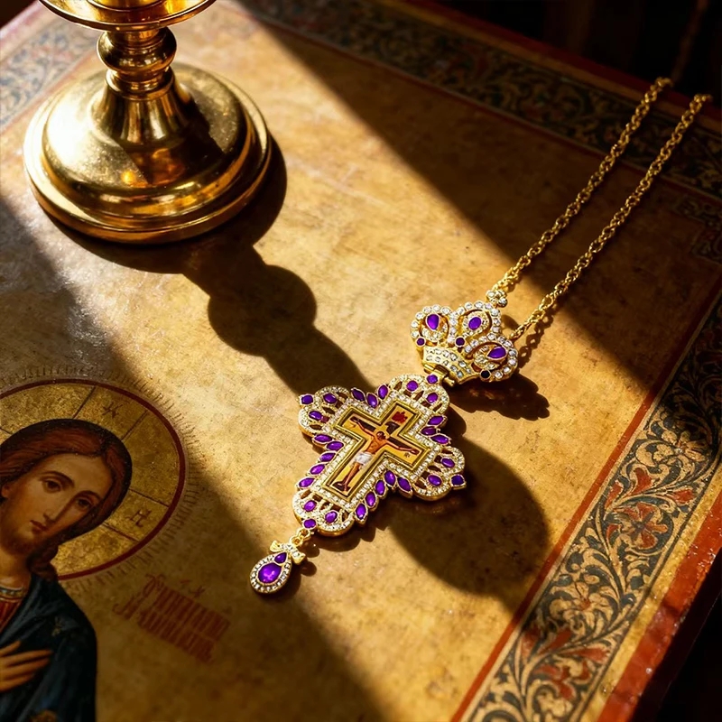 Luxuriöse Orthodoxe Brustkreuz-Halskette, Rote Kristallakzente mit Kruzifix-Ikone, Hochwertiger Liturgischer Schmuck für Kirchliche Sakramente – Detail 16