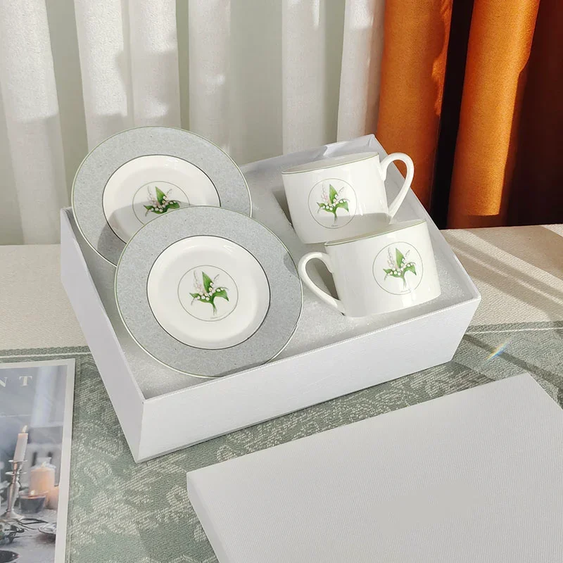 Lily Series Bone China Coffee Cup and Saucer Ceramic Afternoon Tea Household Water Cup Tea Set Cup Gift Box Espresso Cups