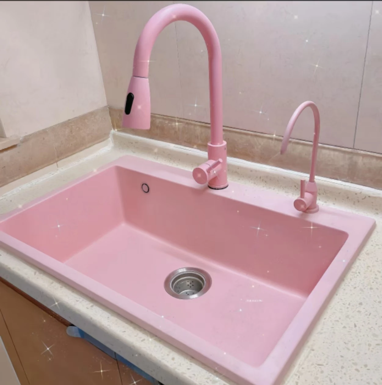 Sink Quartz Stone Pink Red Kitchen High end On/Off Table Single Slot Kitchen Dual Slot Integrated Vegetable Washing Basin