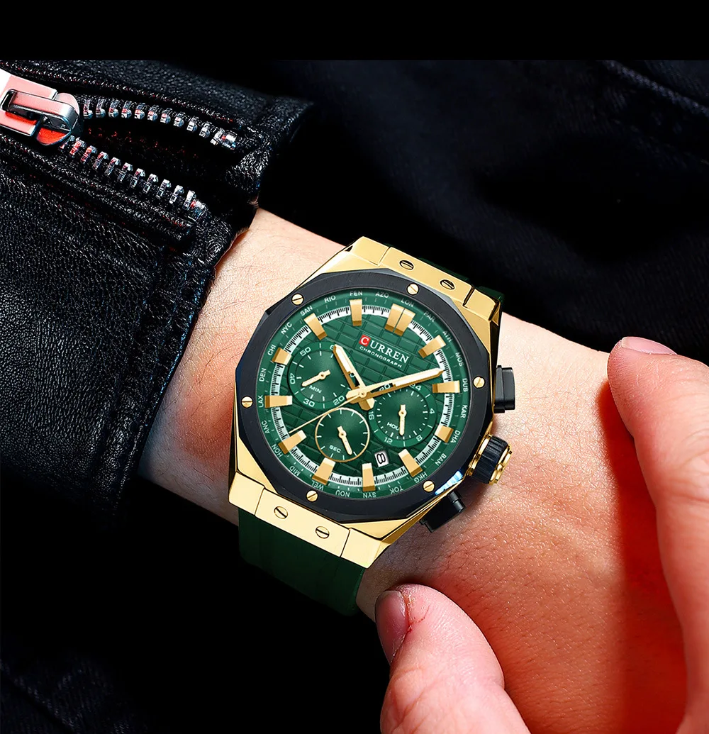 CURREN 8464 Men's Quartz Watch Outdoors Sports Fashion Green Luminous Date Chronograph Silicone Strap Wristwatch for Male Clock