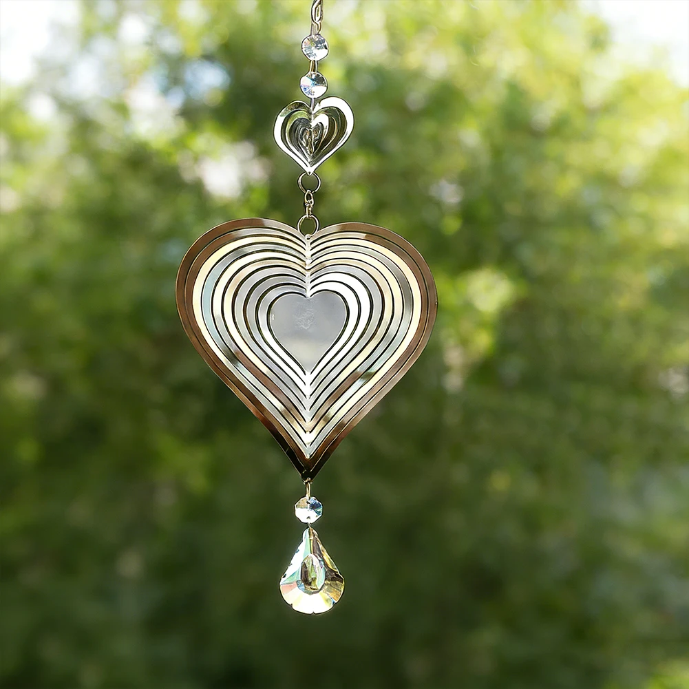 

D2 Heart Wind Spinner Turn 3D Flowing-Light Effect Crystal Suncatcher Wind Chimes Sculptures Hanging Hook Window Garden Decor