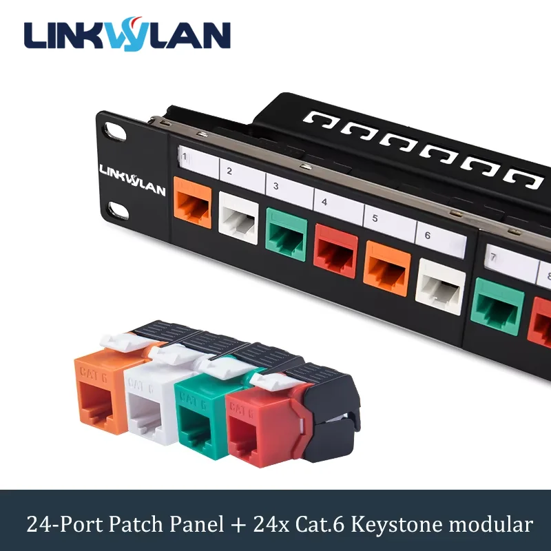 

Linkwylan 19 inch 24-Port Cat6 Modular Patch Panel Incl. 24pcs RJ45 Tool-less UTP Keystone Jacks Multicolor