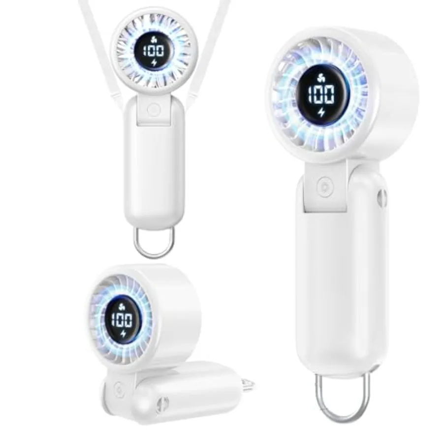 

Portable HandHeld Turbo Fan - Foldable Personal Fan with LED Display, 5 Speeds, Lanyard, USB Rechargeable, Strong Airflow, Mini