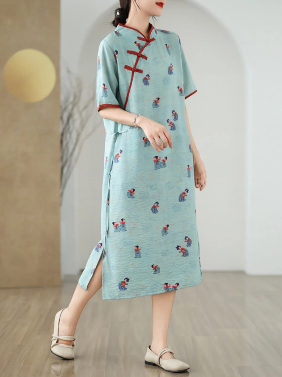 Nueva tendencia nacional china Sle Lino ort Sve Mujer Dr Verano Estampado retro Botón lateral Algodón Lino Mejorado Cheong...