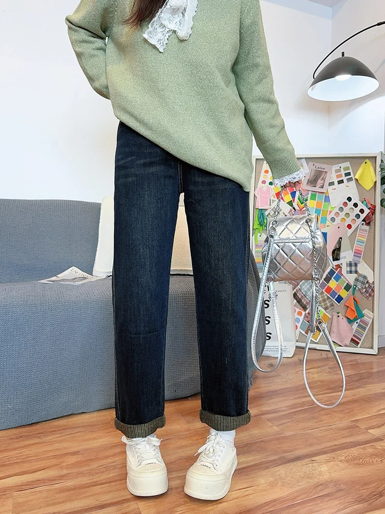 

Джинсы с высокой талией, эластичные, утепленные, с отворотами, женские, больших размеров, осенне-зимние, хлопковые, повседневные, свободного кроя, с V-образным вырезом, джинсовые брюки