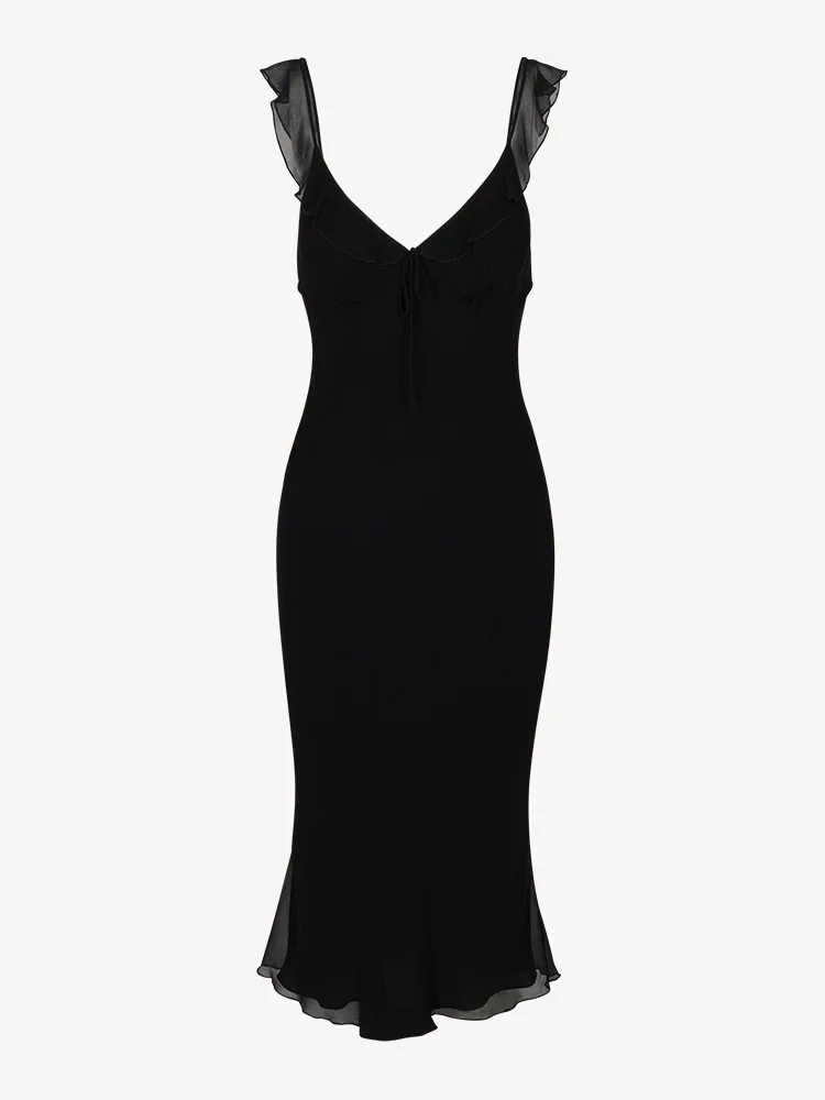 2024 Summer New Homemade Misty Elegant Gentle Sexy Style Flower V-neck Low cut Diagonal Cut Silk Dress
