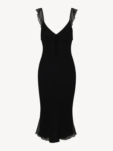 Imagen 2 del producto 2024 novedad de verano hecho en casa brumoso elegante suave estilo Sexy flor cuello en V corte bajo vestido de seda de corte Diagonal