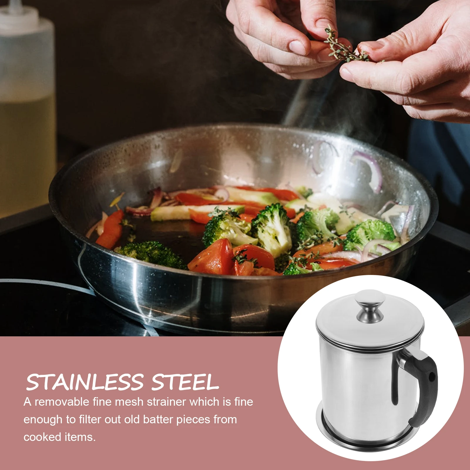 

Stainless Steel Grease Container 2.2L Oil Can With Mesh Strainer Removable For Kitchen Cooking Oil Storage Easy Clean Baking