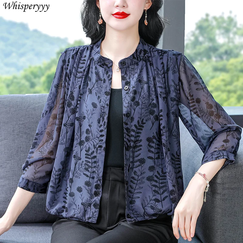 Printed Short Jacket Women Cardigan Casual O Neck Shawl Sun Protection Air Conditioner Clothing Button Quarter Sleeve Tops Femme