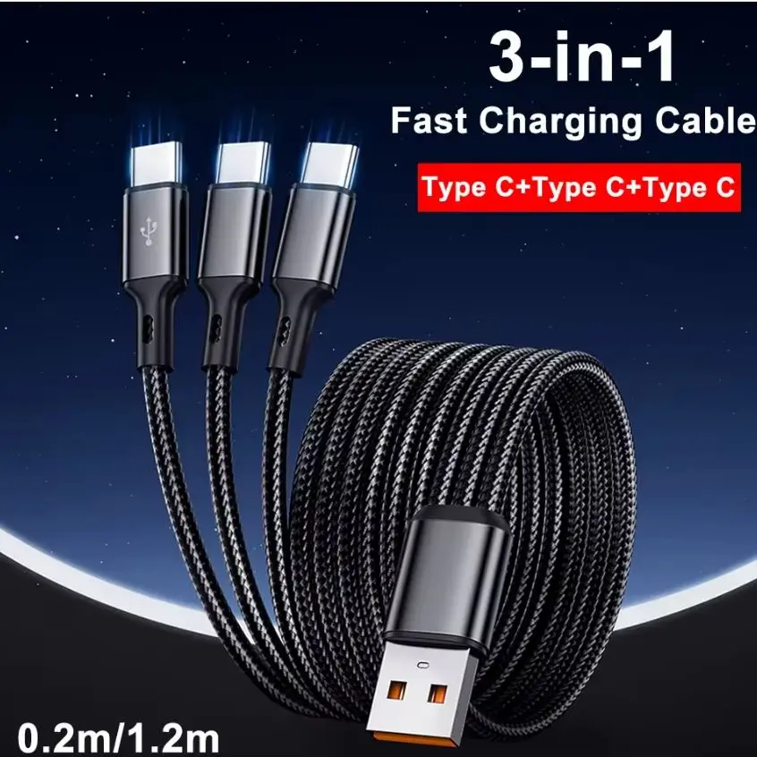 100W USB to 3×Type-C Cable Mobile Phone Fast Charging Data Cord 0.2m/1.2m Extension Cable PD USB-C High-Speed Charging Data Cord
