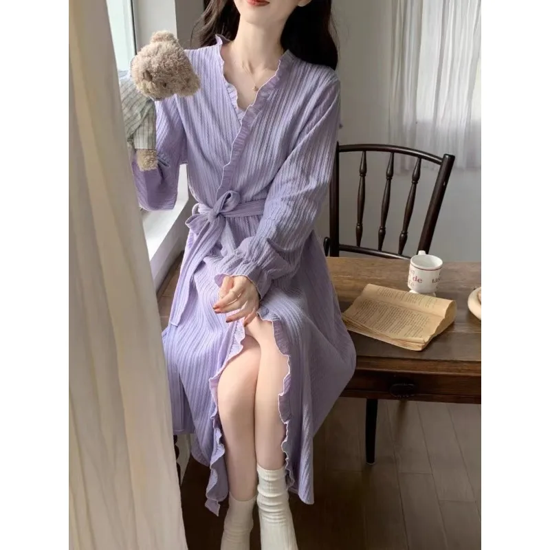 Sweet Nightgown 2024 Women Autumn V-neck Sleepwear Lace-up Solid Color Bathrobe Long Dressing Gown Falbala Homewear Loose Pajama