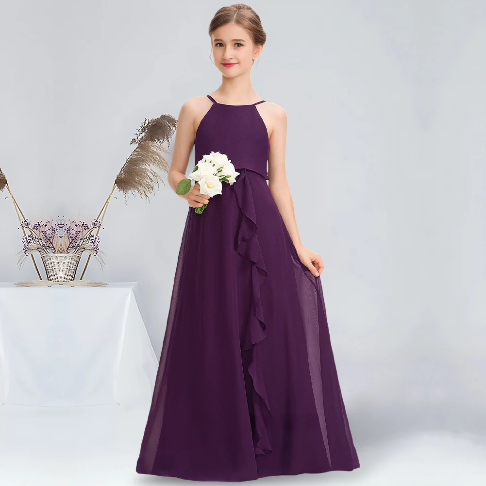 A-line Halter Floor-Length Chiffon Junior Bridesmaid Dress With Bow Cascading Ruffles Grape Flower Girl Dress for Wedding Party