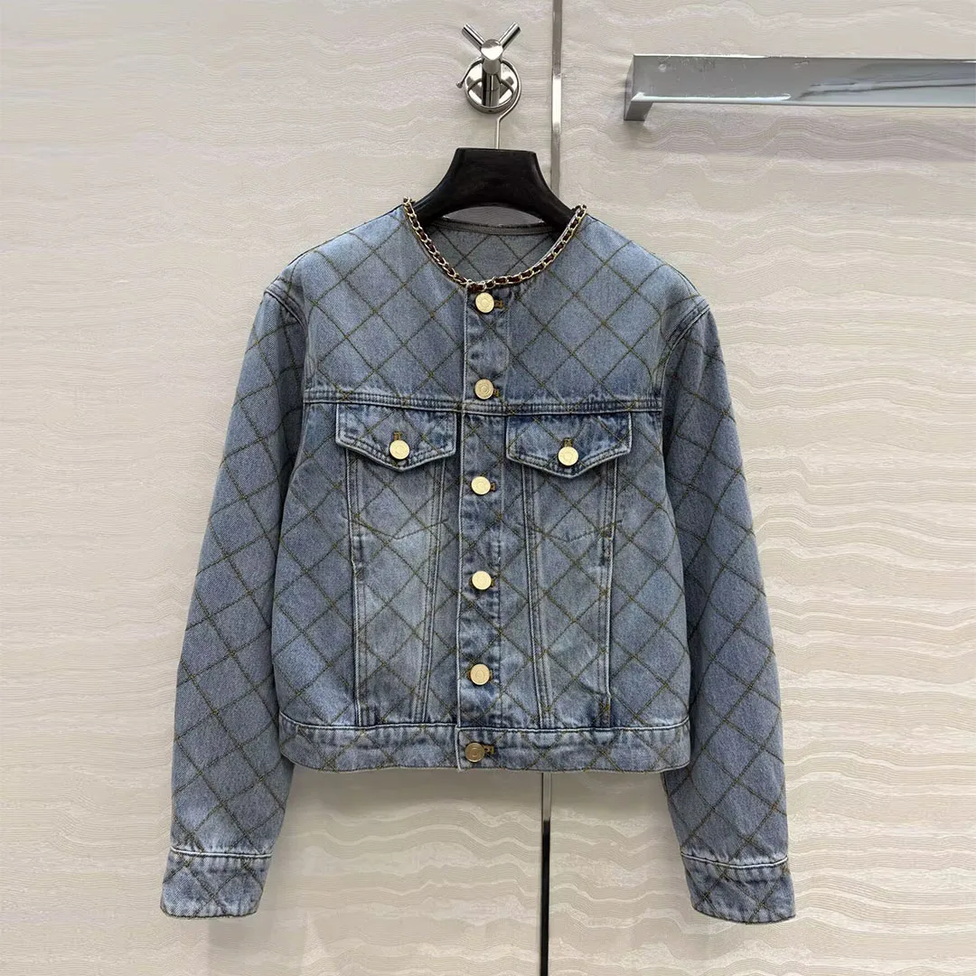 2026 New Vintage Blue Denim Short Coat Women Chains O-neck Argyle Embroidery Pockets Buttons Long Sleeve Chic Vintage Jacket