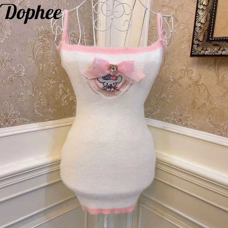 Dophee Original Young Girl Love Diamond Bow Strap Dress Cute Embroidery Mohair Sweater Vest Slim Wrap Buttocks Camisole Dress