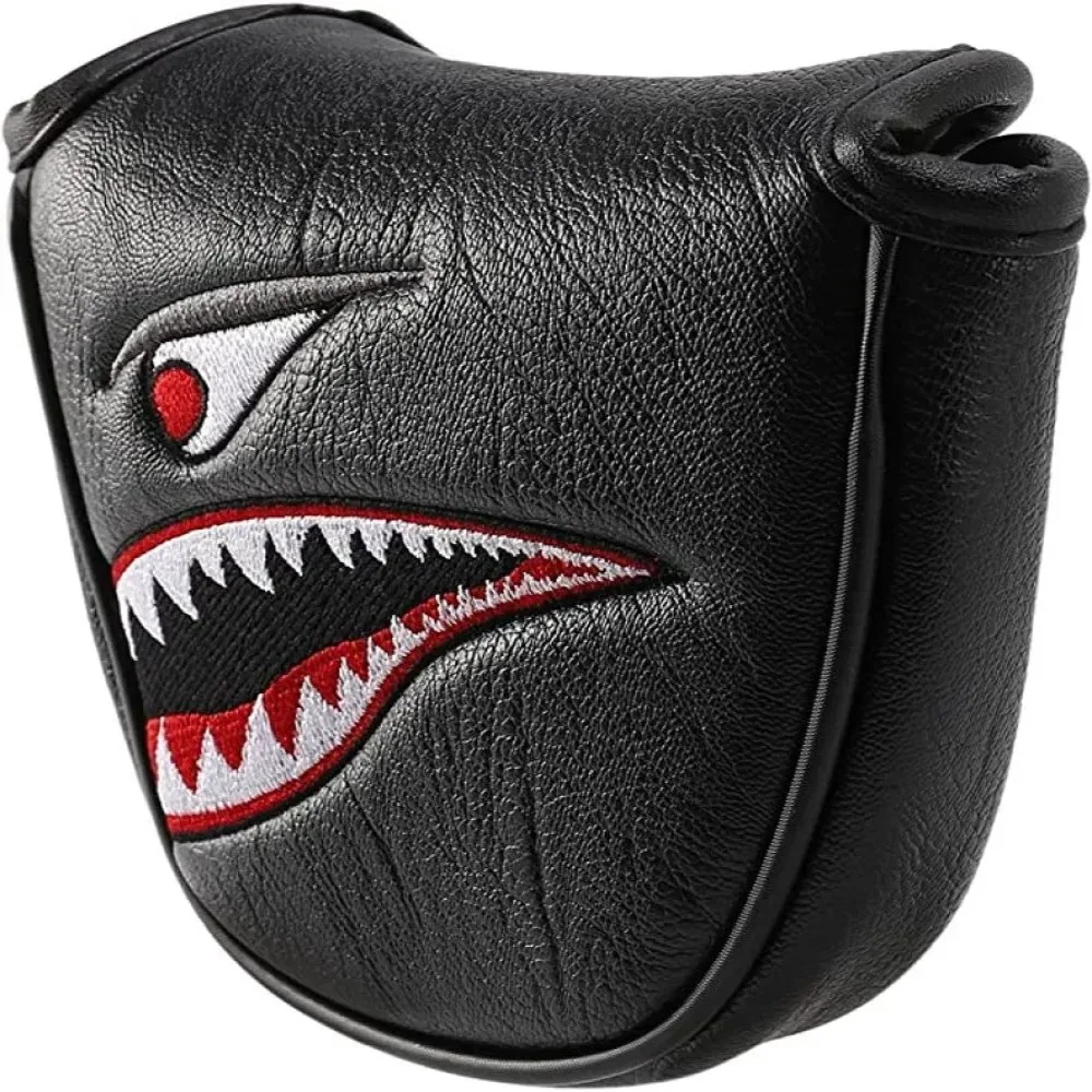 Black PU Shark Embroidery Golf Club Mallet Putter Head Cover Magnetic Closure