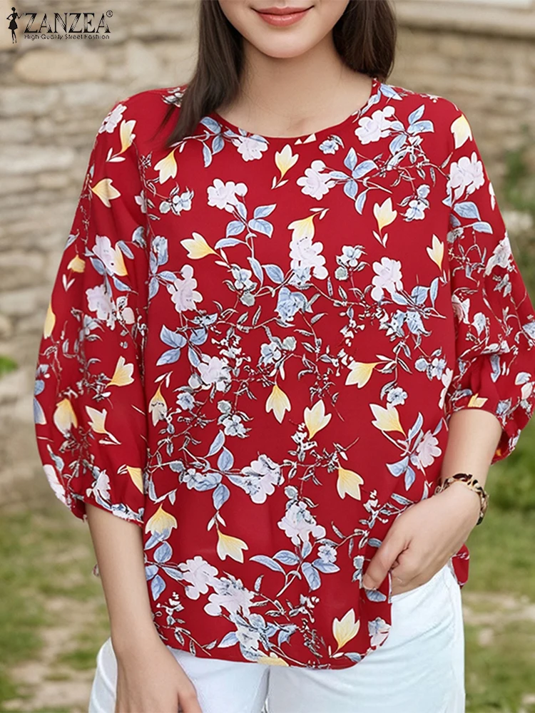 

2025 ZANZEA Women Autumn Floral Printed Blouses Bohemain Shirt Elegant 3/4 Lantern Sleeve Work Tops Casual O Neck Loose Blusas