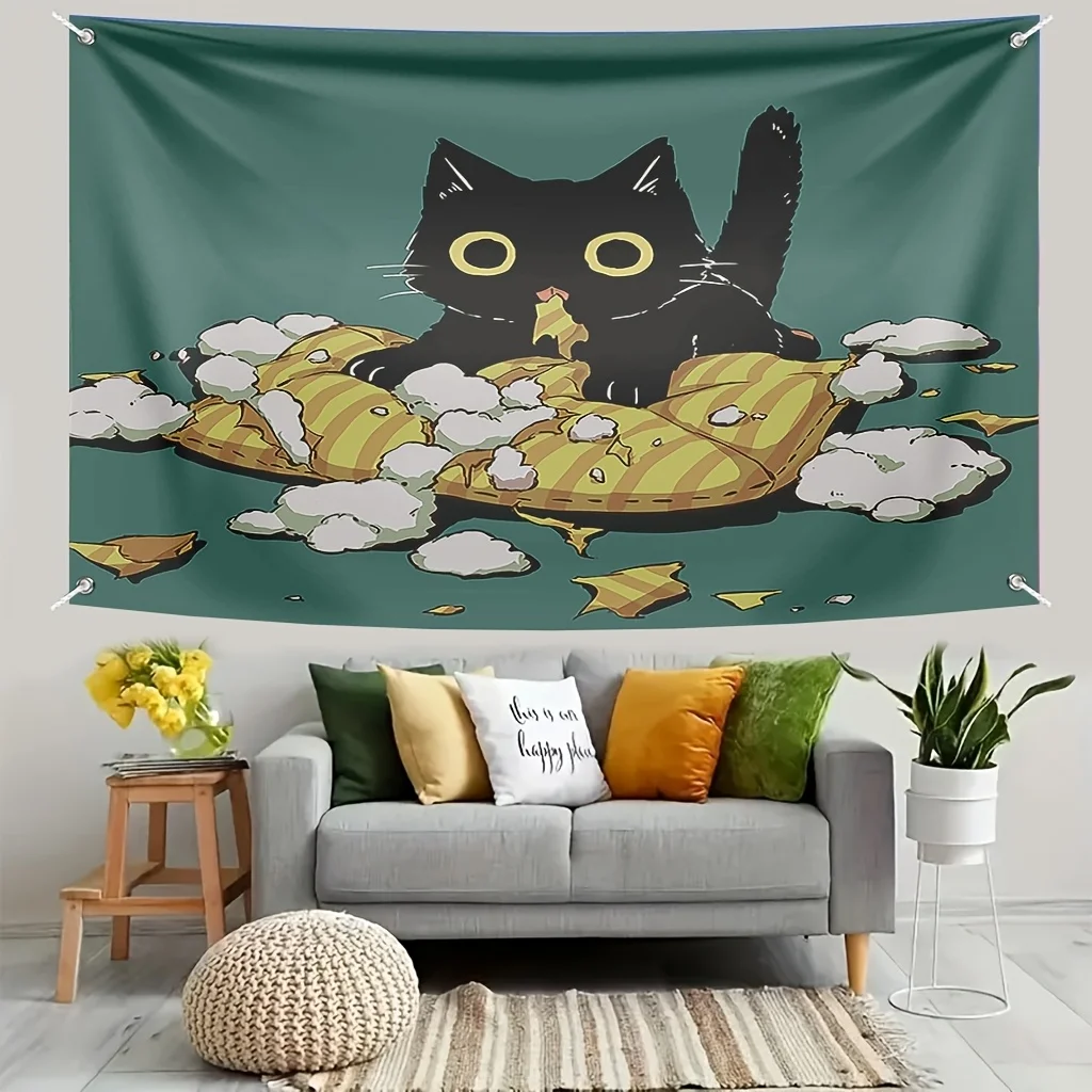 Mischievous Black Cat and Pillow Tapestry - A whimsical wall hanging for home decor, a gift for those who love cuteness