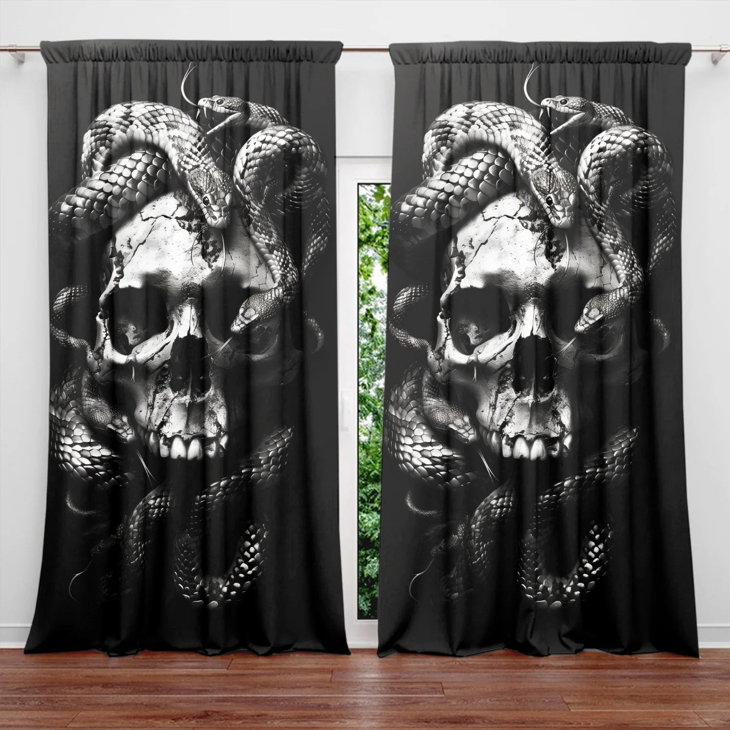 Gothic Skull Snake Print Black Curtain Pair for Haunted House Halloween Decor Gothic Macabre Style Window Treatment