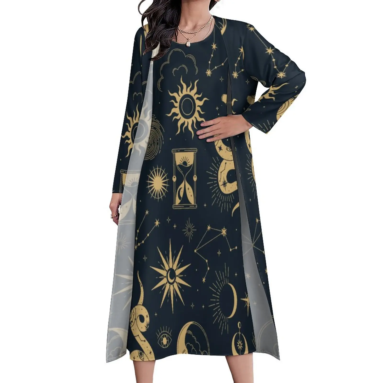 Tarot Print Dress Sun and Moon Elegant Maxi Dress Korean Fashion Bohemia Long Dresses Woman Two Piece Pattern Big Size Clothes