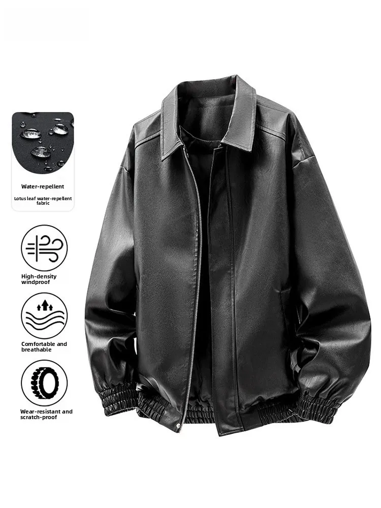 

Men's PU Leather Jaet Spring Autumn Winter New Faion Brand Fce Lined Loose Casual Collar Zipper Waterproof Coat