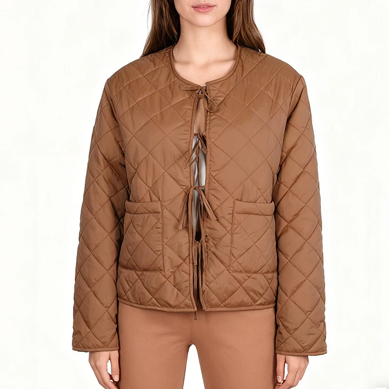 

Lace-up Quilted Cotton Jackets Women Brown Color New Winter Long Sleeved O-neck Lightweight Warm Coat Pocket Female Outwears
