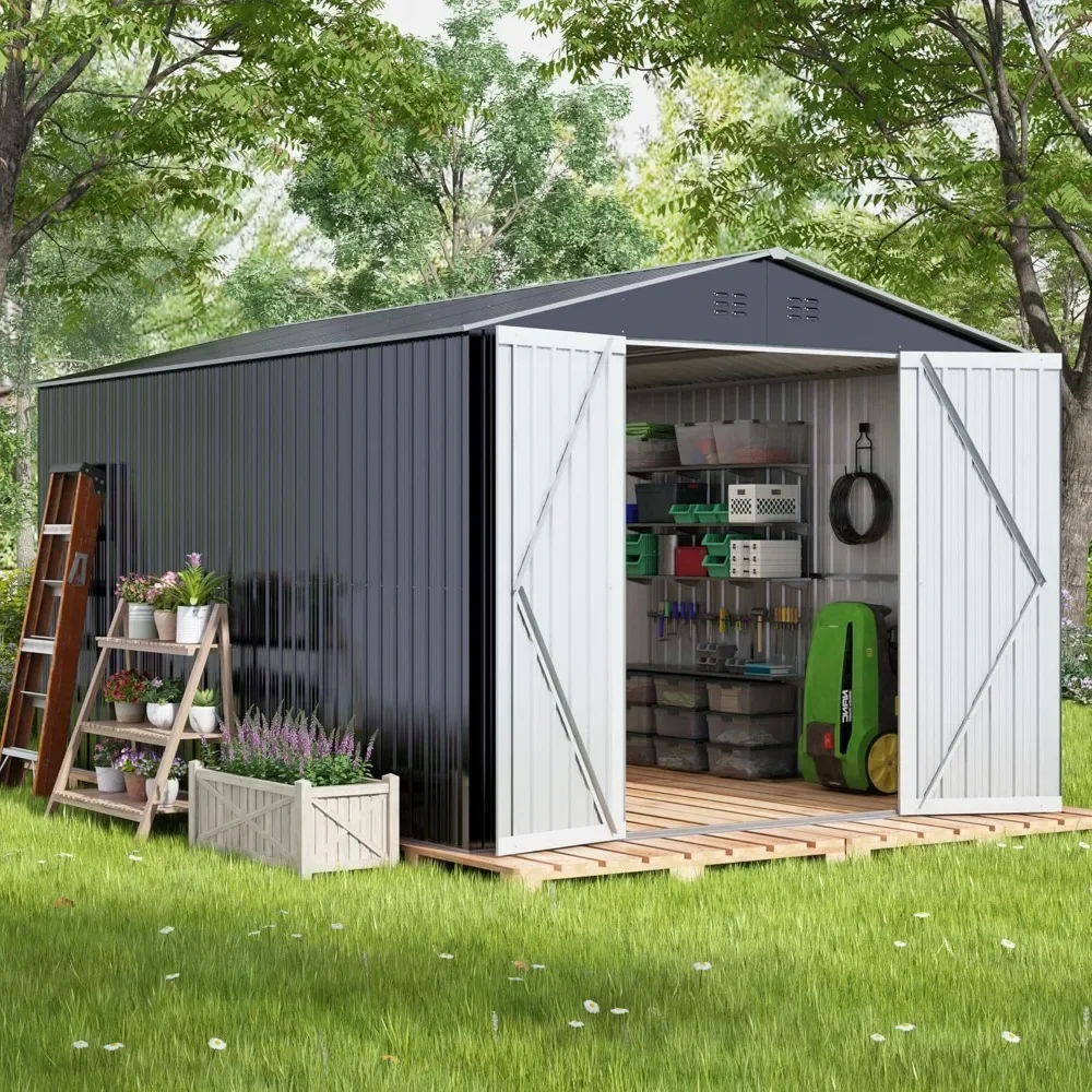 

8x12 FT Outdoor Storage Shed, Large Metal Tool Sheds with Updated Frame Structure and Lockable Doors, Garden Shed ,Grey