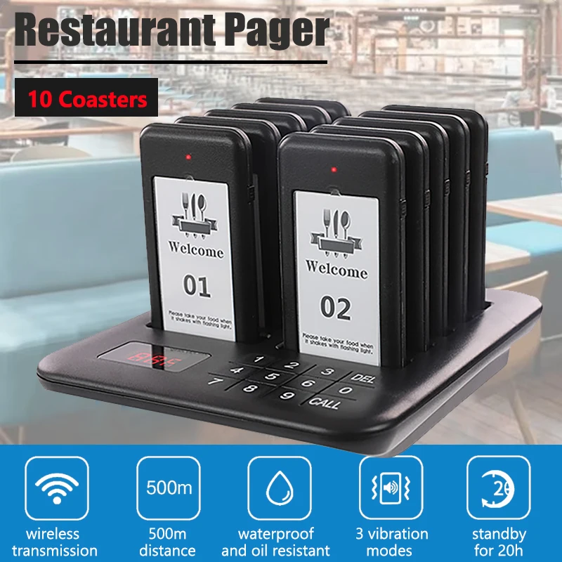 Restaurant Pager Wireless Calling System 10 Coasters Buzzer Beeper Bell Receivers For Fash Food Bar Cafe Food Truck Hotel Church