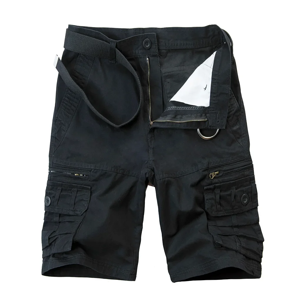 2025 여름 남성 코튼 카고 반바지 멀티 포켓 캐주얼 짧은 바지 남성 하이킹 느슨한 솔리드 조깅 반바지 벨트 없음 플러스 사이즈