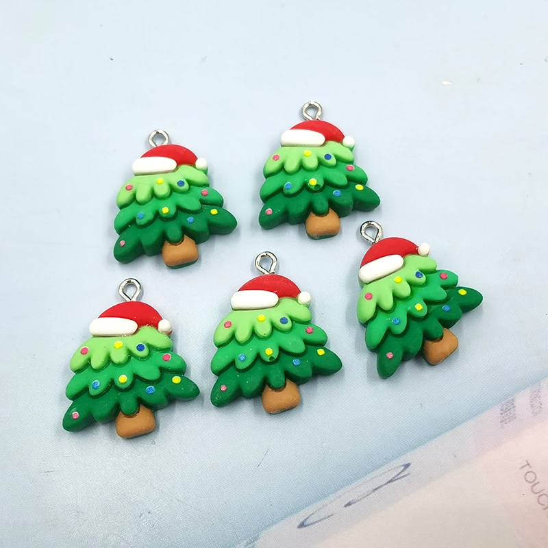 10Pcs Cute Small Red Hat Christmas Tree Charms Kawaii Resin Pendant Charm for Earring Bracelet Keychain Diy kid Jewelry Making