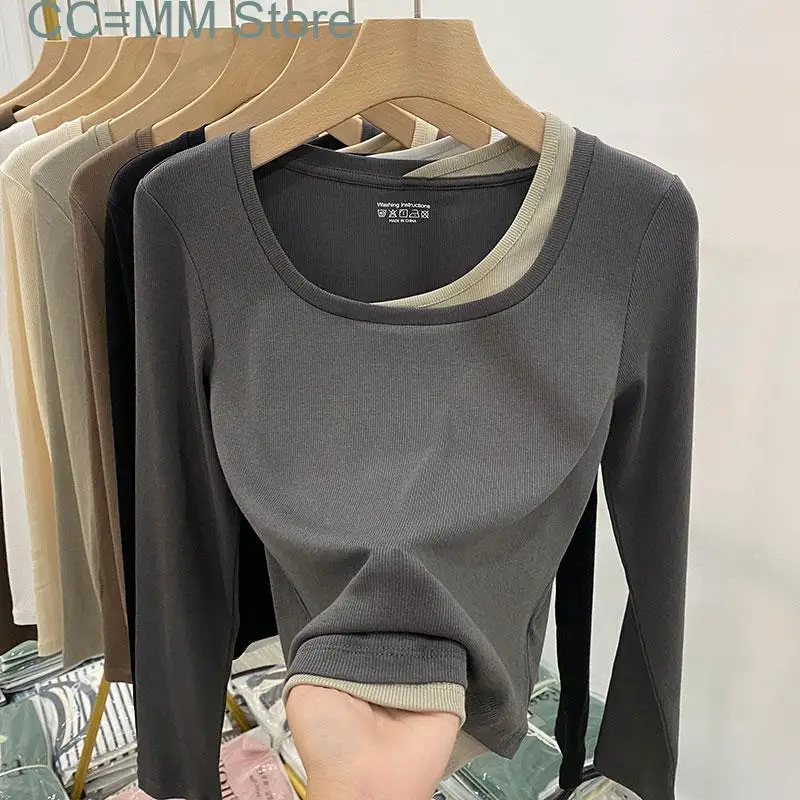 

New Square Collar T Shirts for Women Spring autumn Korean Fashion Slim Crop Tee Shirts Ladies Long Sleeve Chic Tops