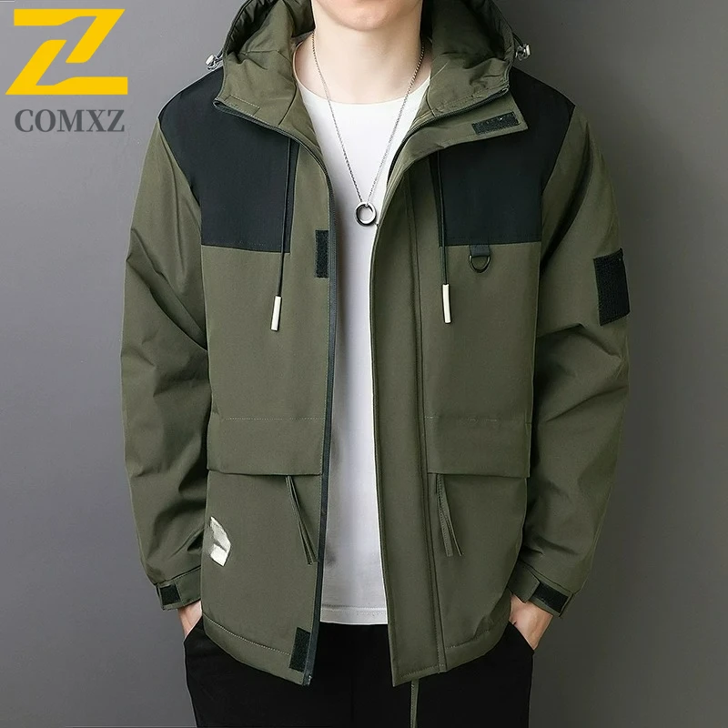 

COMXZ Men Chaqueta 2025 Plus Size Hooded Classic Waterproof Windproof Outdoor Running Fly Fishing Hunting Outerwear Loose Jacket
