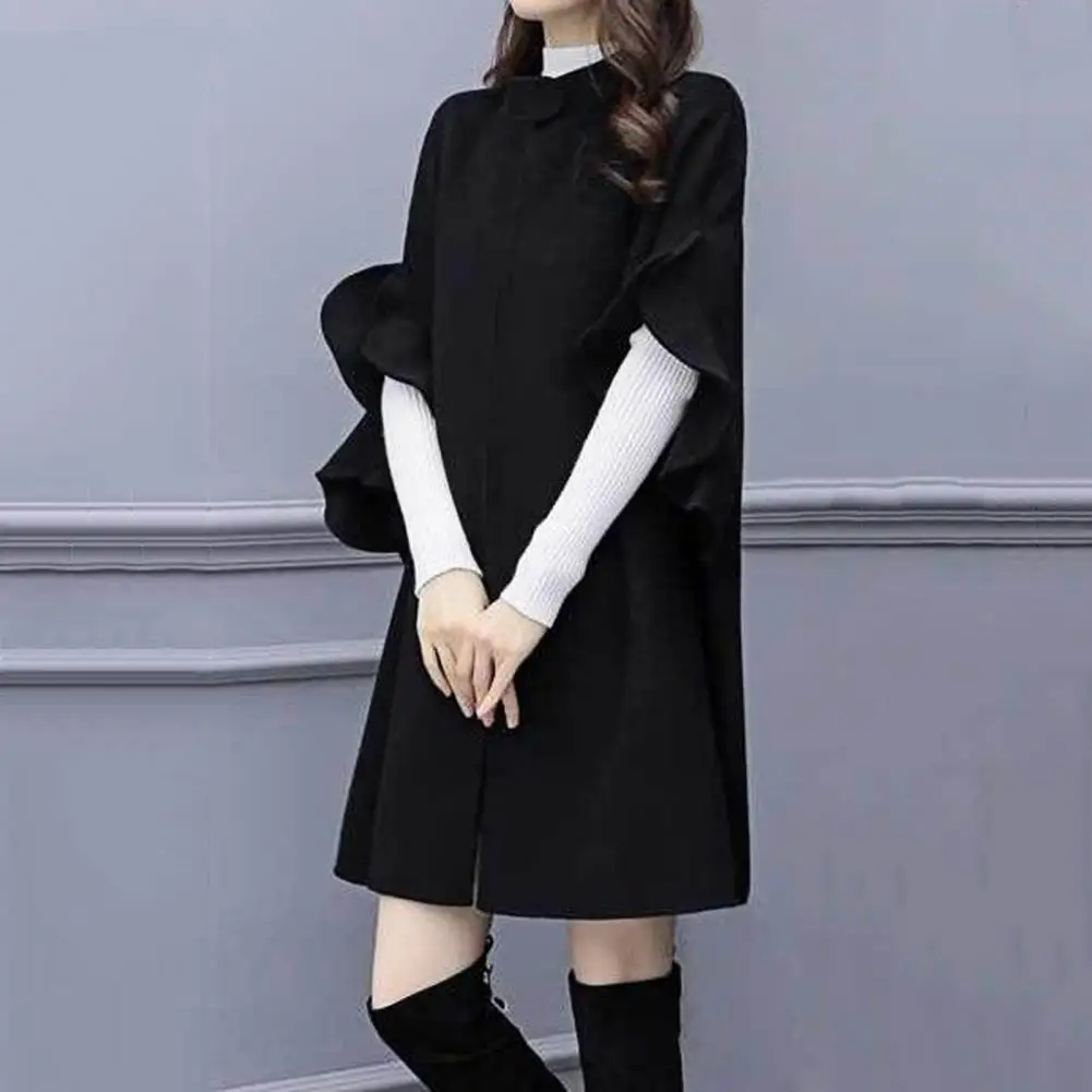 Elegant Ruffle Women Cape Coat Cardigan Stand Collar Cloak Coat Solid Color Open Stitch Midi Length Thermal Women Winter Coat