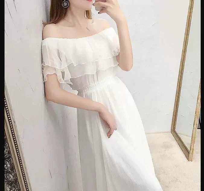 Verão branco chiffon longo dr feminino sle duas camadas princ vestido emagrecimento cintura alta plissado saia linha a