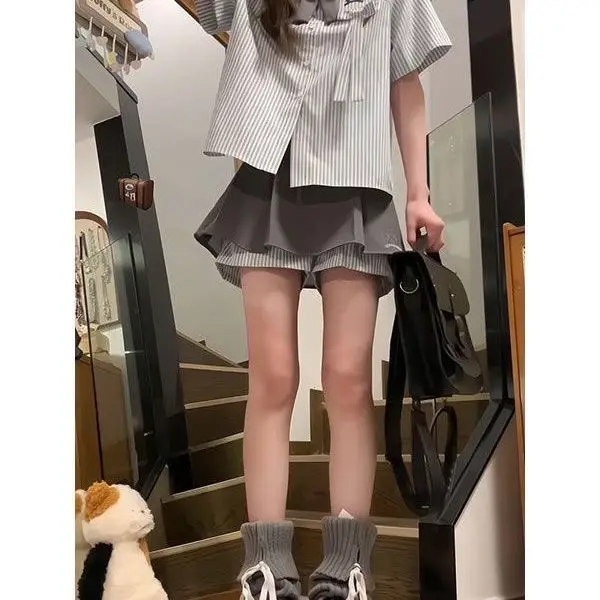 

Summer Korean Style College Short-sleeved Striped Shirt Top Pleated Skirt Skirt Two-piece Suit