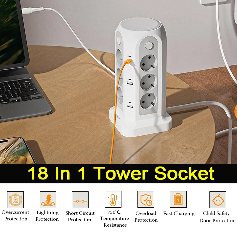 Multi Socket Power Strip with 12 AC Outlet 4 USB Port 4 Switches 18 IN 1 Tower Socket Overload Protection Surge Protection