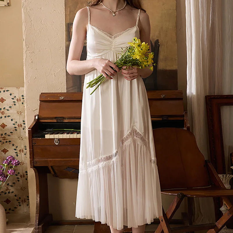 Women Princess Nightdress Summer Chest Cushion Spaghetti Strap Sleepwear Long Skirt Lace Irregular Splicing Victorian Nightwear