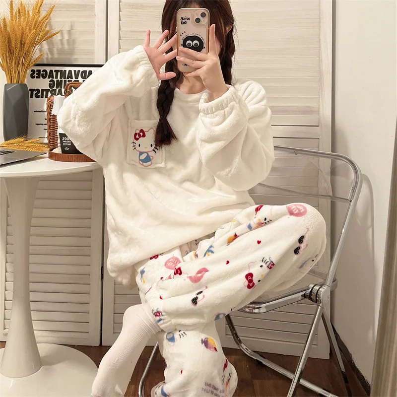 New Hello Kitty Nightwear Women's Autumn/winter Coral Velvet Round Neck Cartoon Home Furnishing Set Ins Style Cute Student Gift