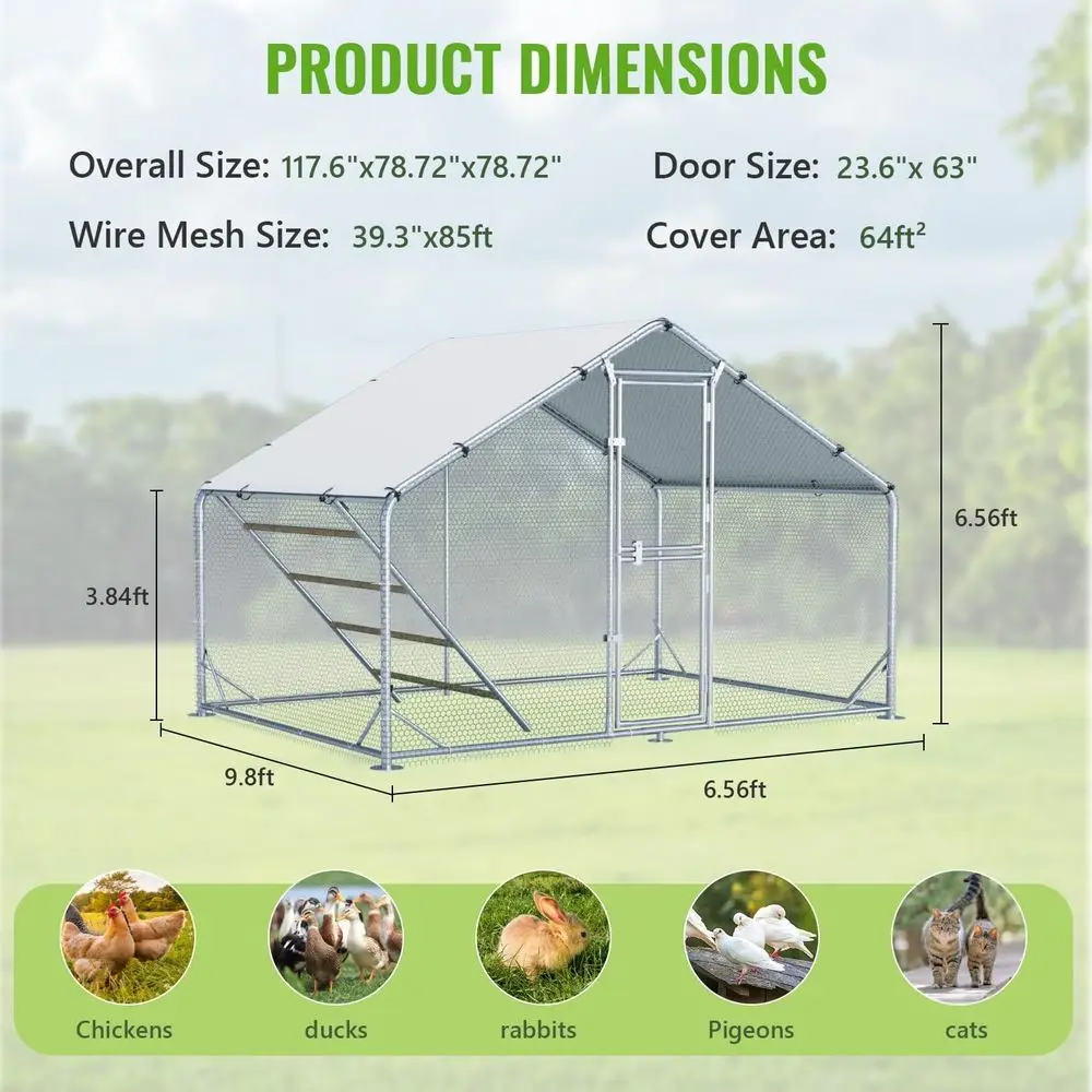 10x6.5ft Spire Roof Chicken Coop with Covered Run and Roosting Bar for Backyard