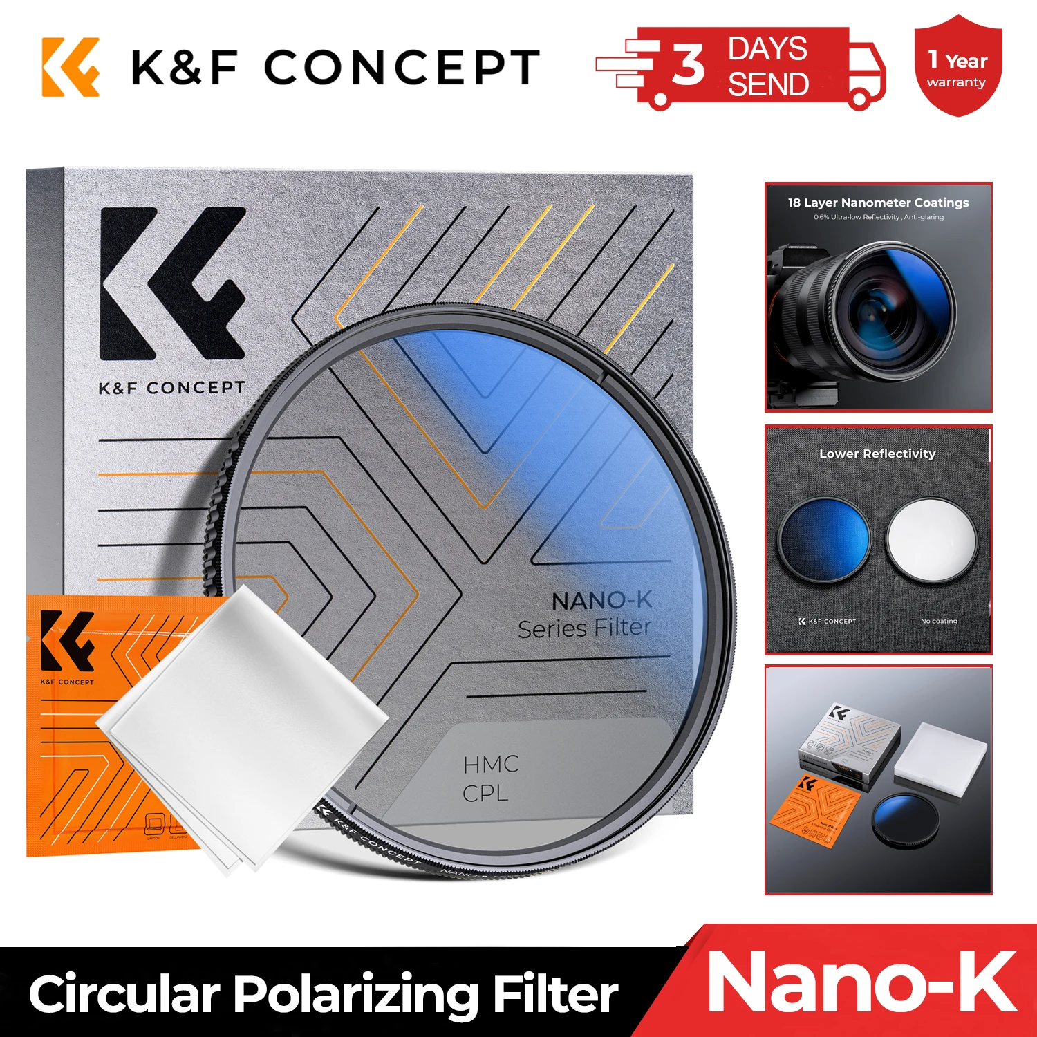 K&F CONCEPT CPL Filtr do obiektywów aparatu Ultra Slim Optics z powłoką niebieską 49mm 52mm 58mm 62mm 67mm 77mm 82mm Filtr polaryzacyjny okrągły